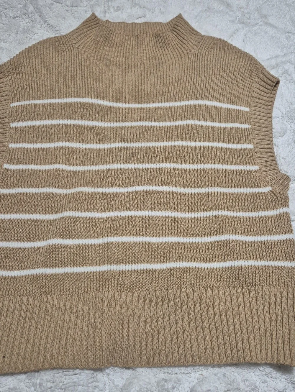 Anthropologie Beige & White Striped Sleeveless Knit Vest-Amara-mock-neck-S